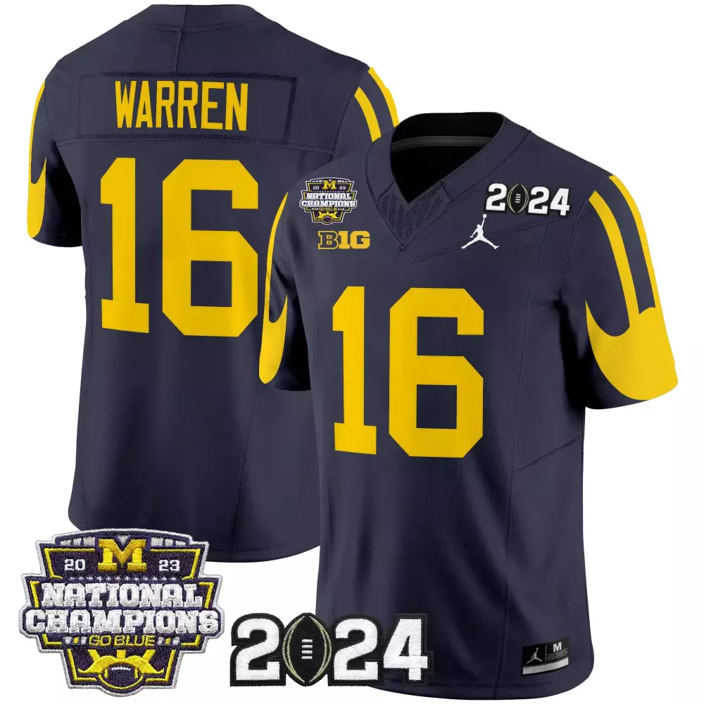 Warren 16 Michigan Wolverines Navy Stitched Jersey | 2023 National Champions Patch | Replica Fan Gear | For Men, Women & Youth