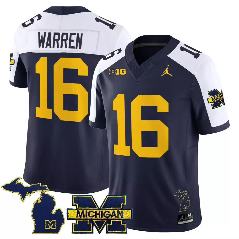 Warren 16 Michigan Wolverines Navy Stitched Jersey | 2025 Name Patch | Replica Fan Gear | For Men, Women & Youth