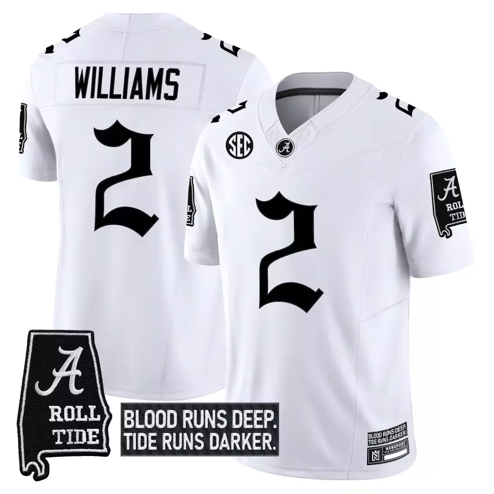 Williams 2 Alabama Crimson Tide 2023 White Stitched Jersey | Name Patch | Game Day Outfit for Men, Women & Youth