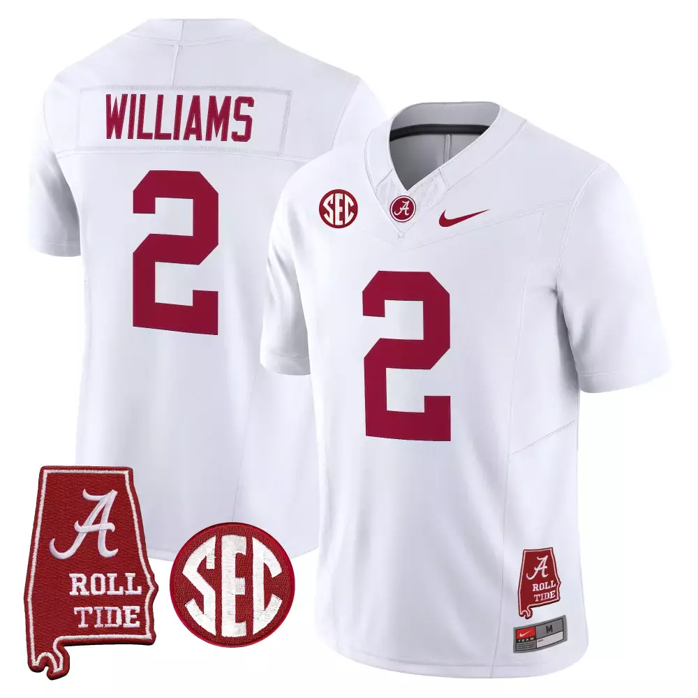 Williams 2 Alabama Crimson Tide 2025 White Stitched Jersey | Name Patches | Fan Gear for Men, Women & Youth