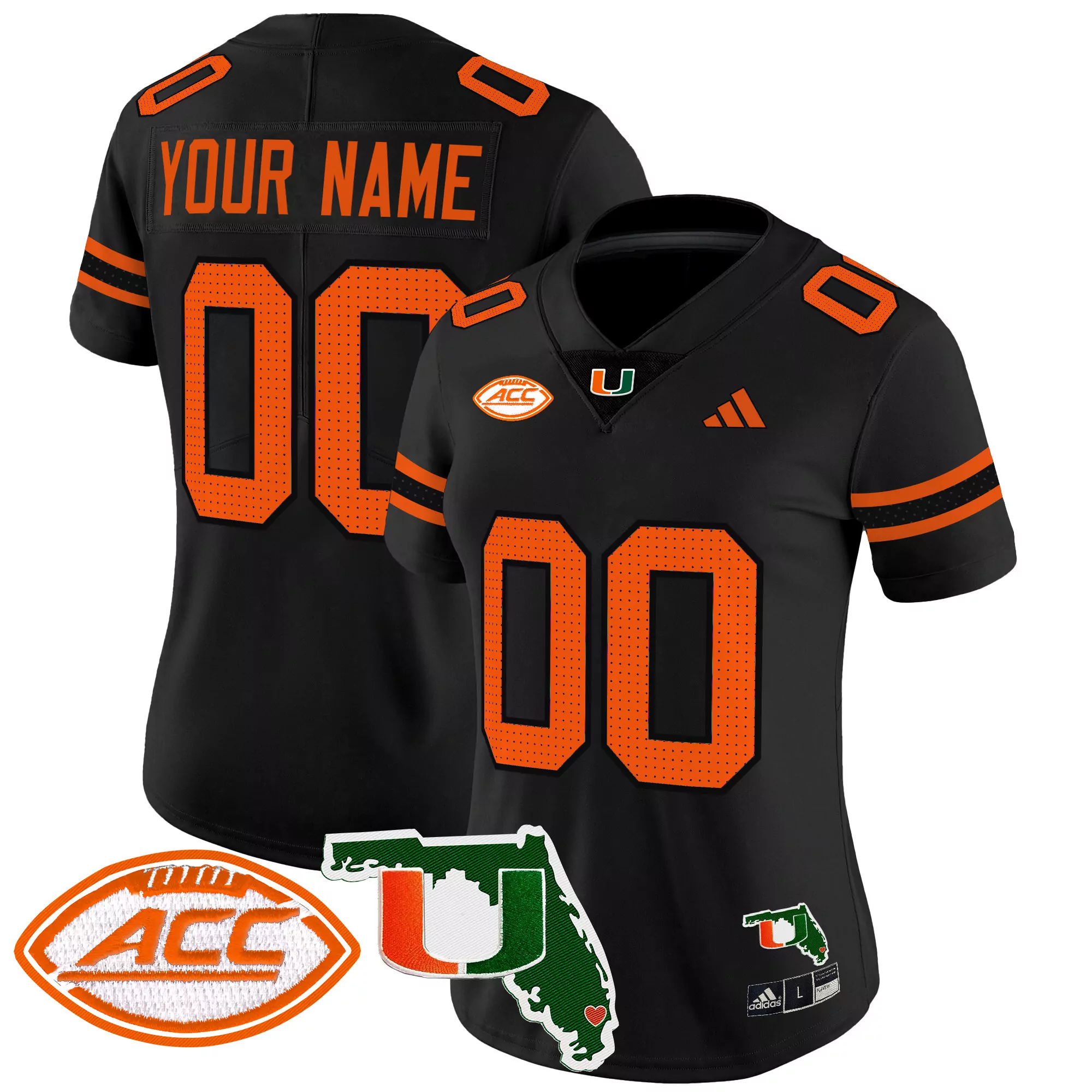 Women'S Miami Hurricanes Orange Stitched Jersey Acc Name Patch 2025 Player 1