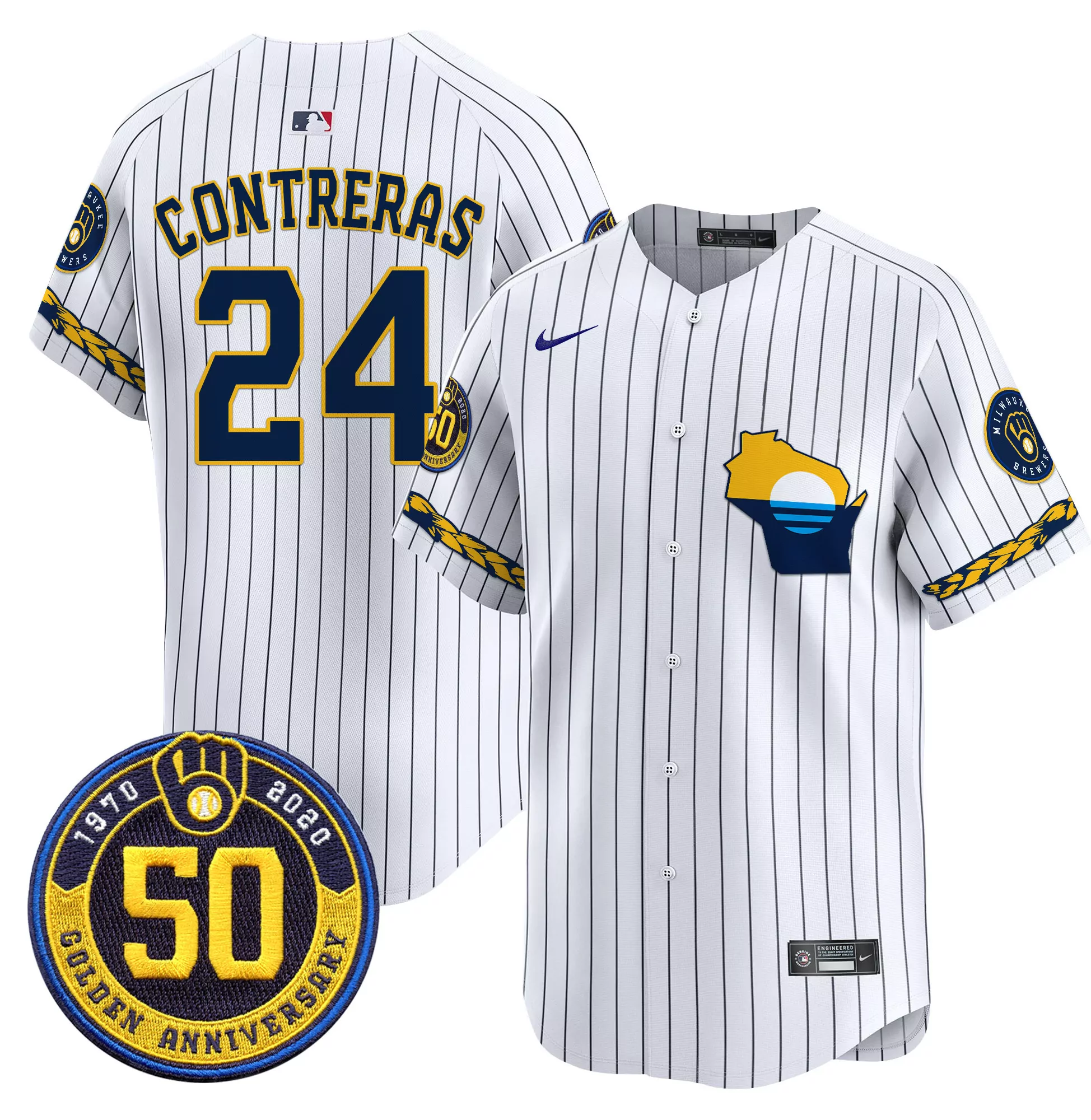Womens Milwaukee Brewers White All Stitched Jersey Name Patch Contreras 24 Golden Anniversary