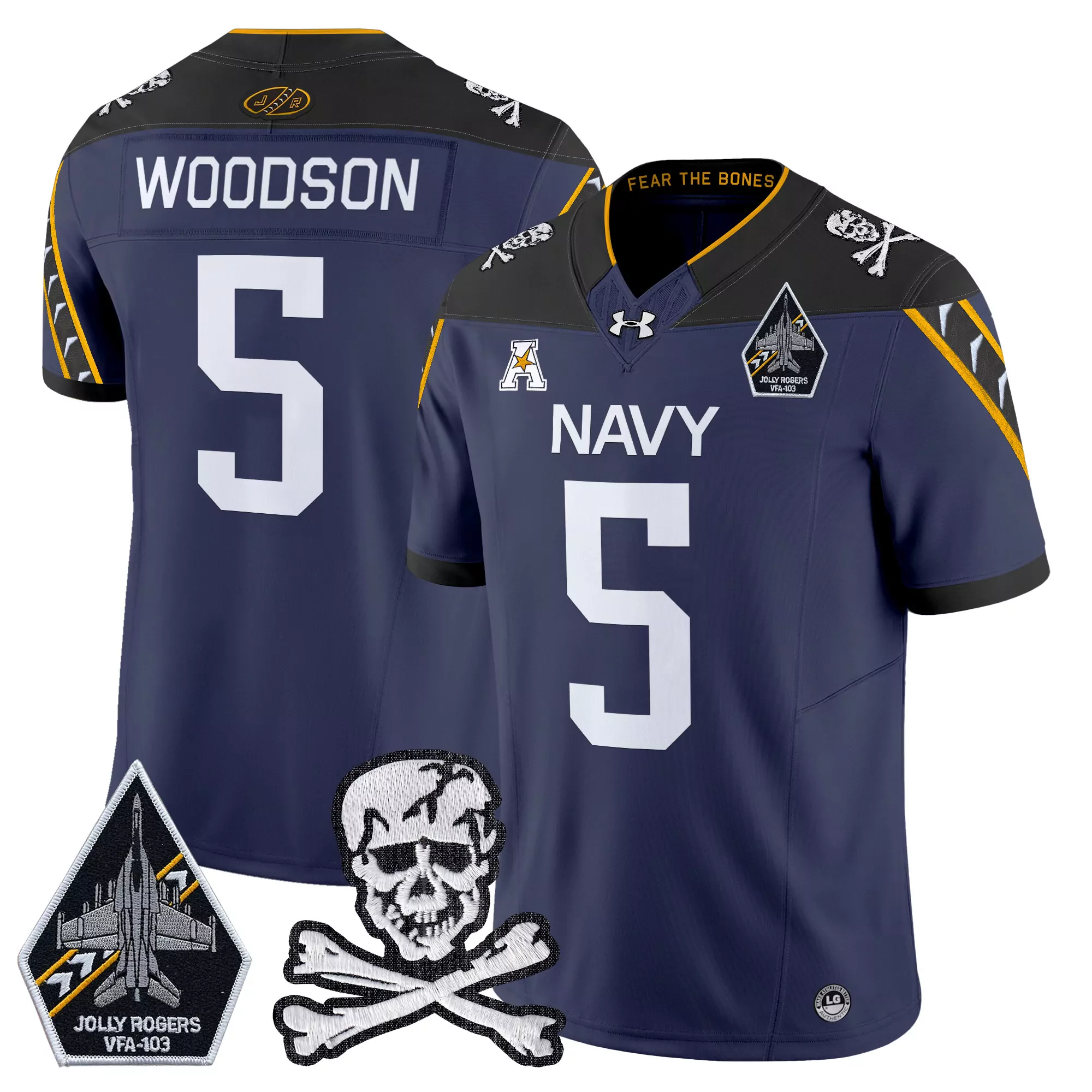 Woodson 5 Men'S Navy Gold 2023 Jolly Rogers All Stitched Jersey With Name Patch