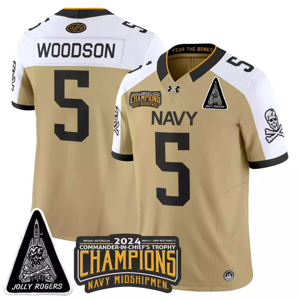Woodson 5 Men'S Stitched Jersey 2024 Navy Midshipmen Jolly Rogers Gold Name Patch