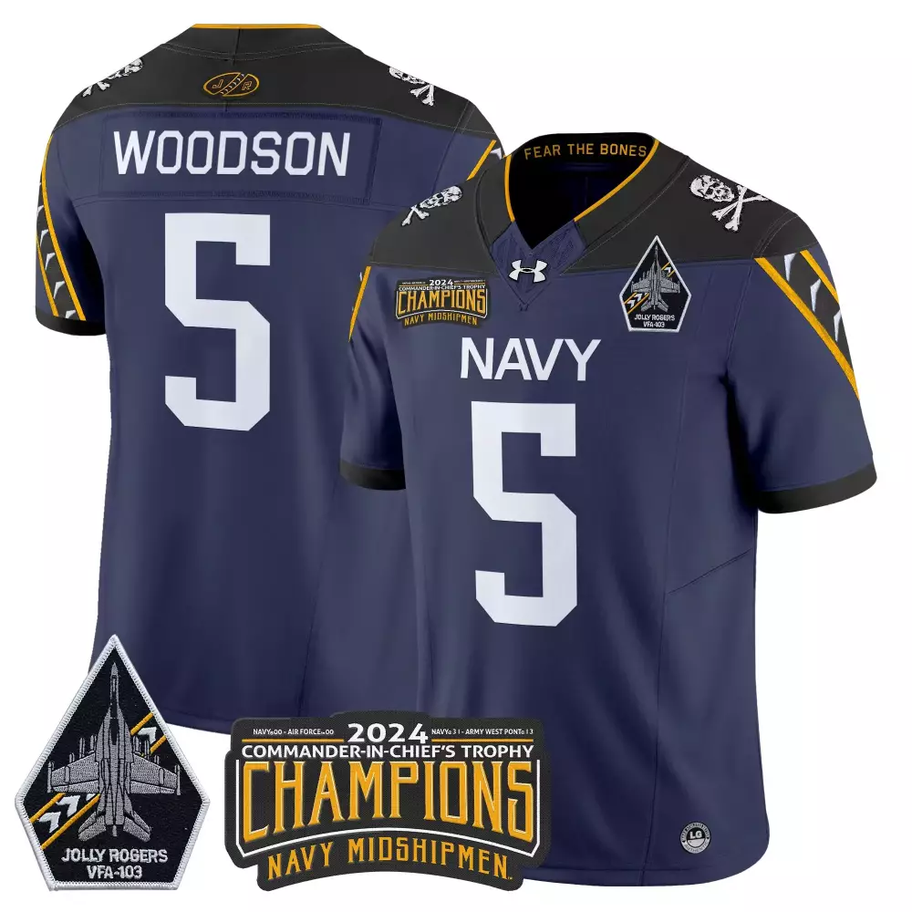 Woodson 5 Men'S Stitched Jersey 2024 Navy Midshipmen Jolly Rogers Gold Name Patch