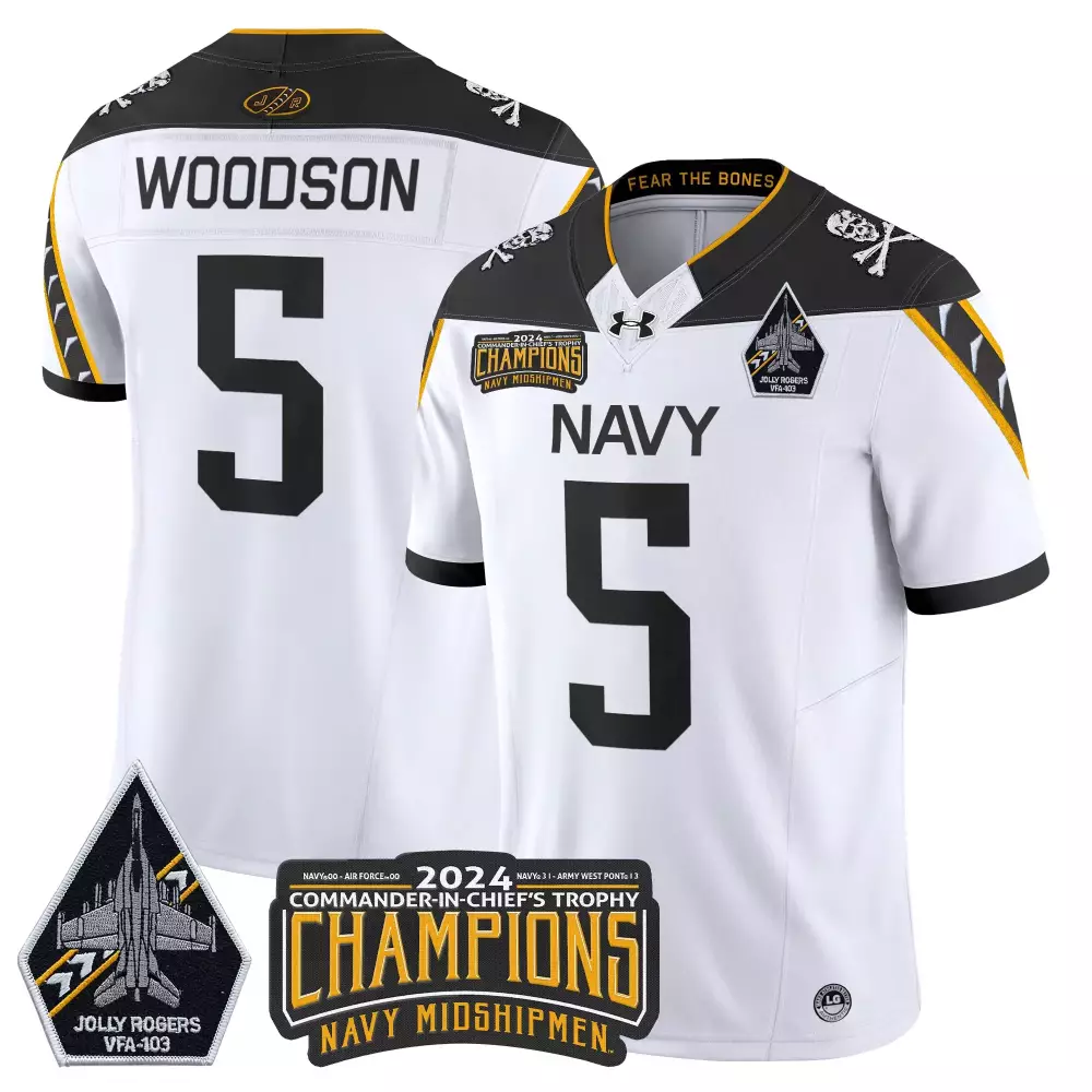 Woodson 5 Men'S Stitched Jersey 2024 Navy Midshipmen Jolly Rogers Gold Name Patch
