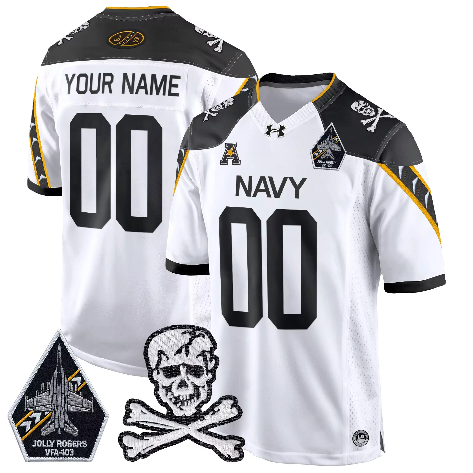 your name 00 men s vapor stitched jersey white jolly rogers vfa 103 2024 embroidered patch