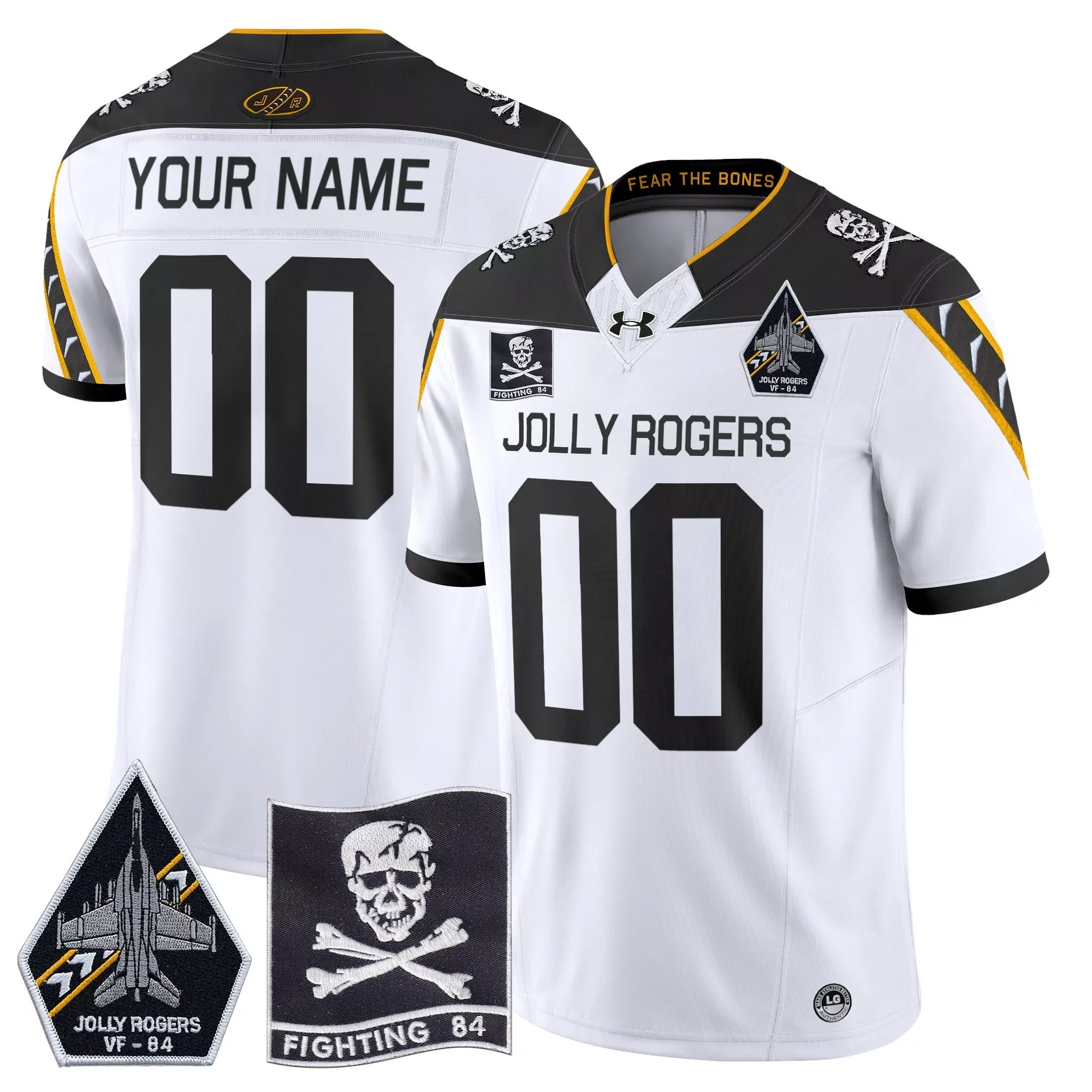 your name 00 men s vapor stitched jersey white jolly rogers vfa 103 2024 embroidered patch