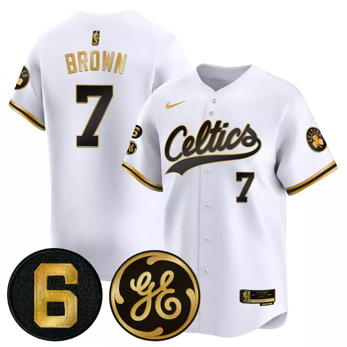 boston celtics 7 brown white gold jersey bill russell john havlicek patch baseball all stitched