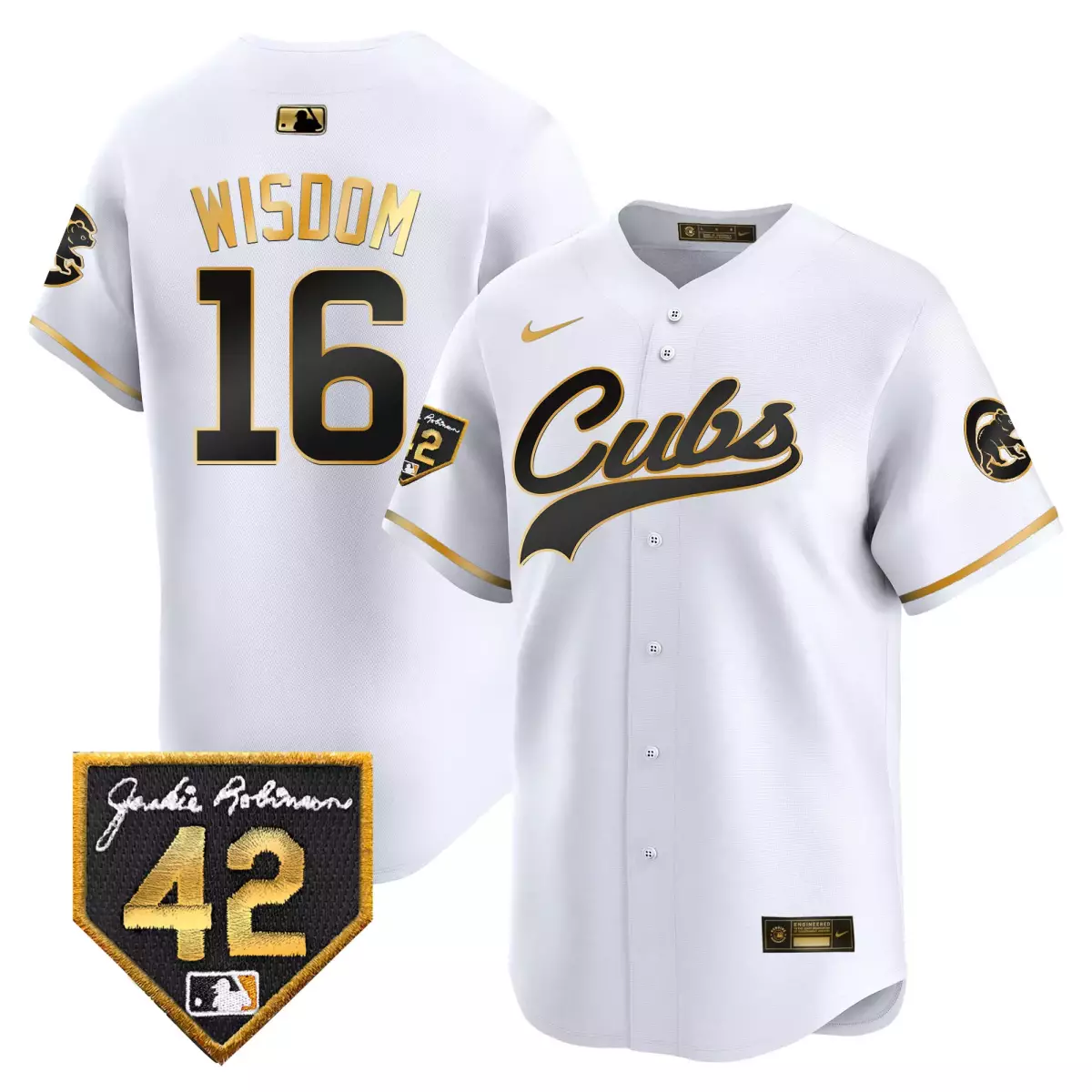 chicago cubs 16 wisdom white gold jersey 2024 jackie robinson patch vapor premier limited all stitched