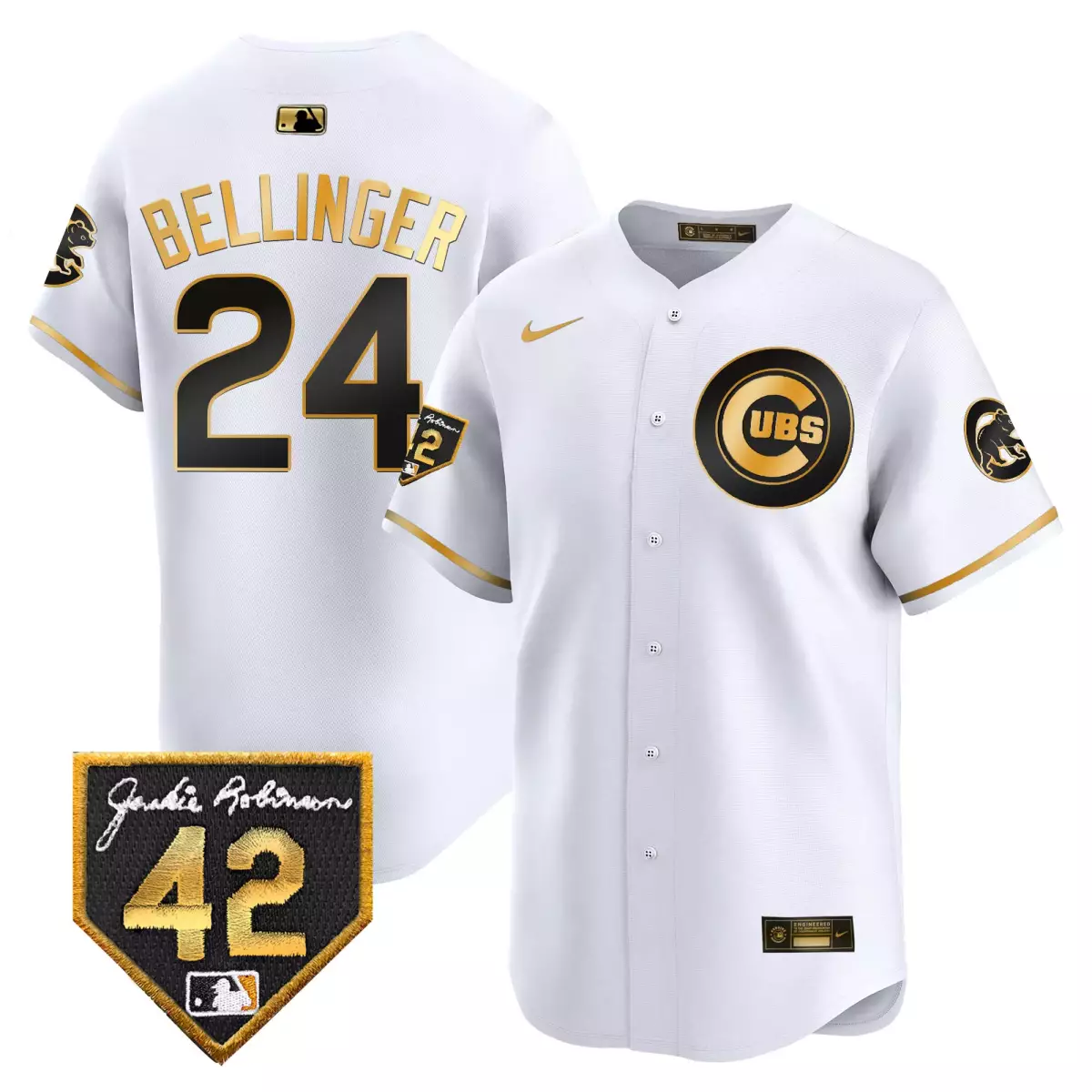 Bellinger Chicago Cubs 2024 White Gold Jersey | Jackie Robinson Patch Vapor Premier Limited V2 | Fan Gear for Men, Women & Youth