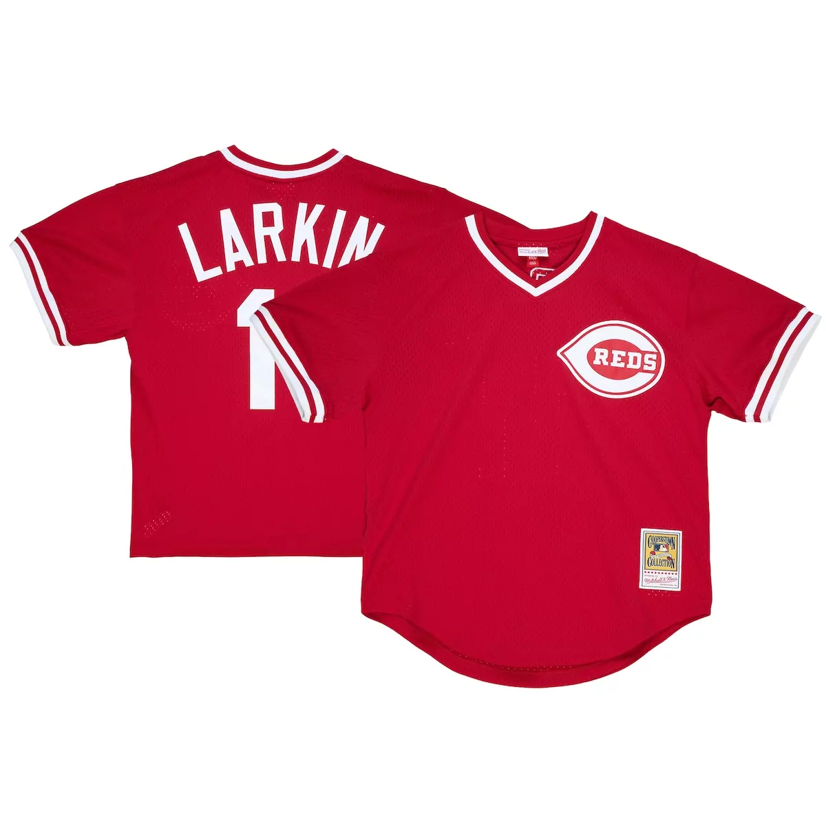 cincinnati reds barry larkin red cooperstown collection mesh batting practice button up jersey