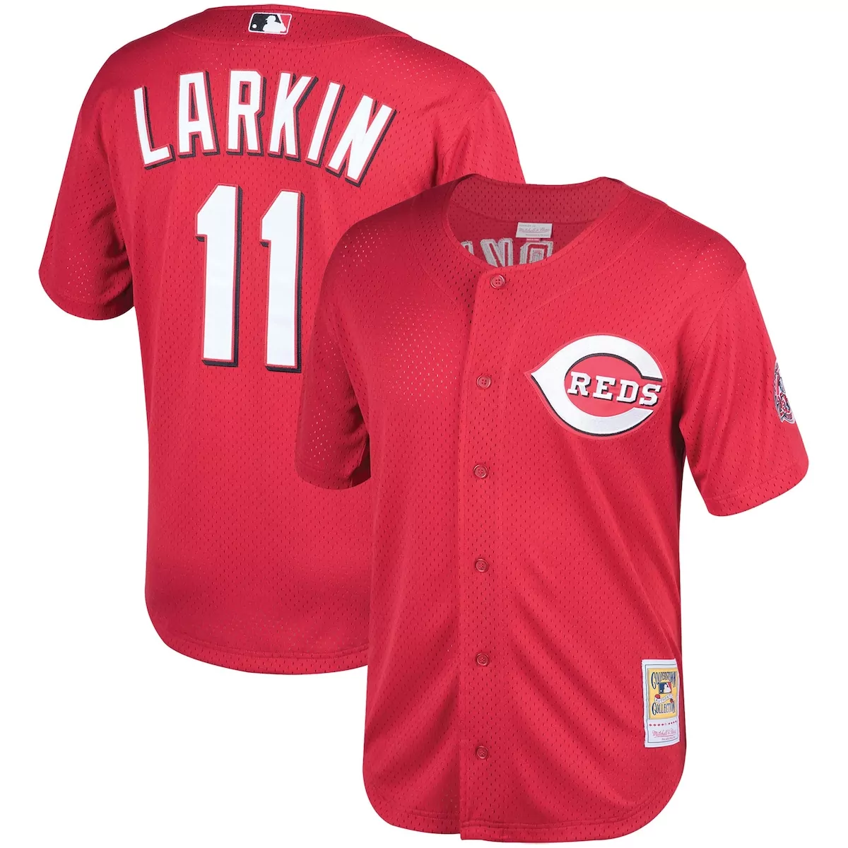 cincinnati reds barry larkin red cooperstown collection mesh batting practice button up jersey