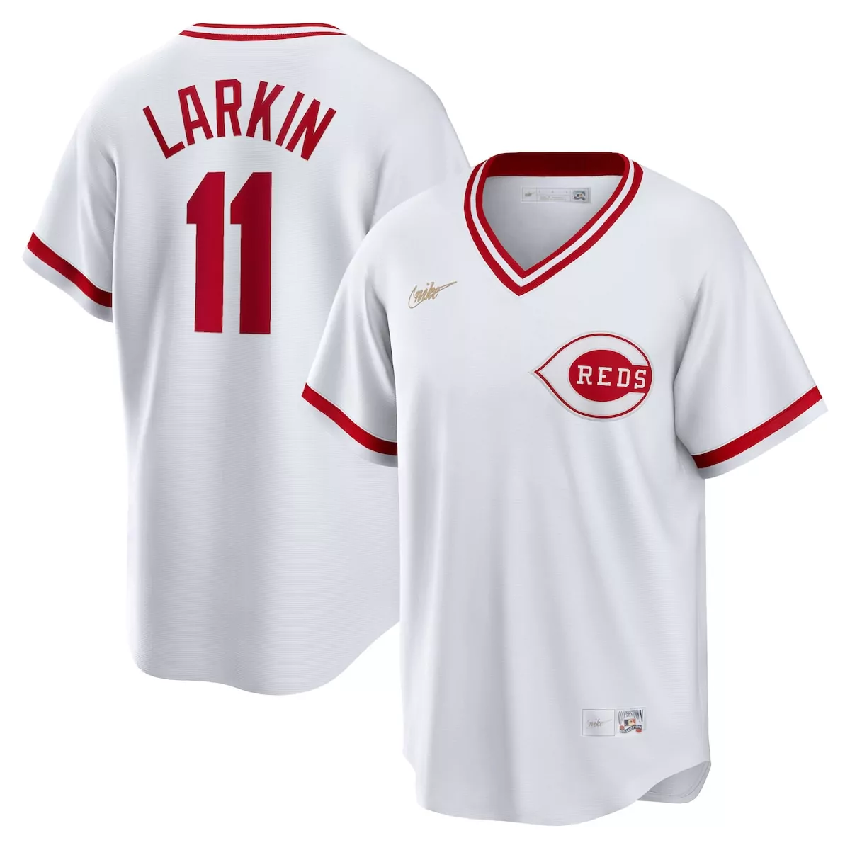 cincinnati reds barry larkin red cooperstown collection mesh batting practice button up jersey