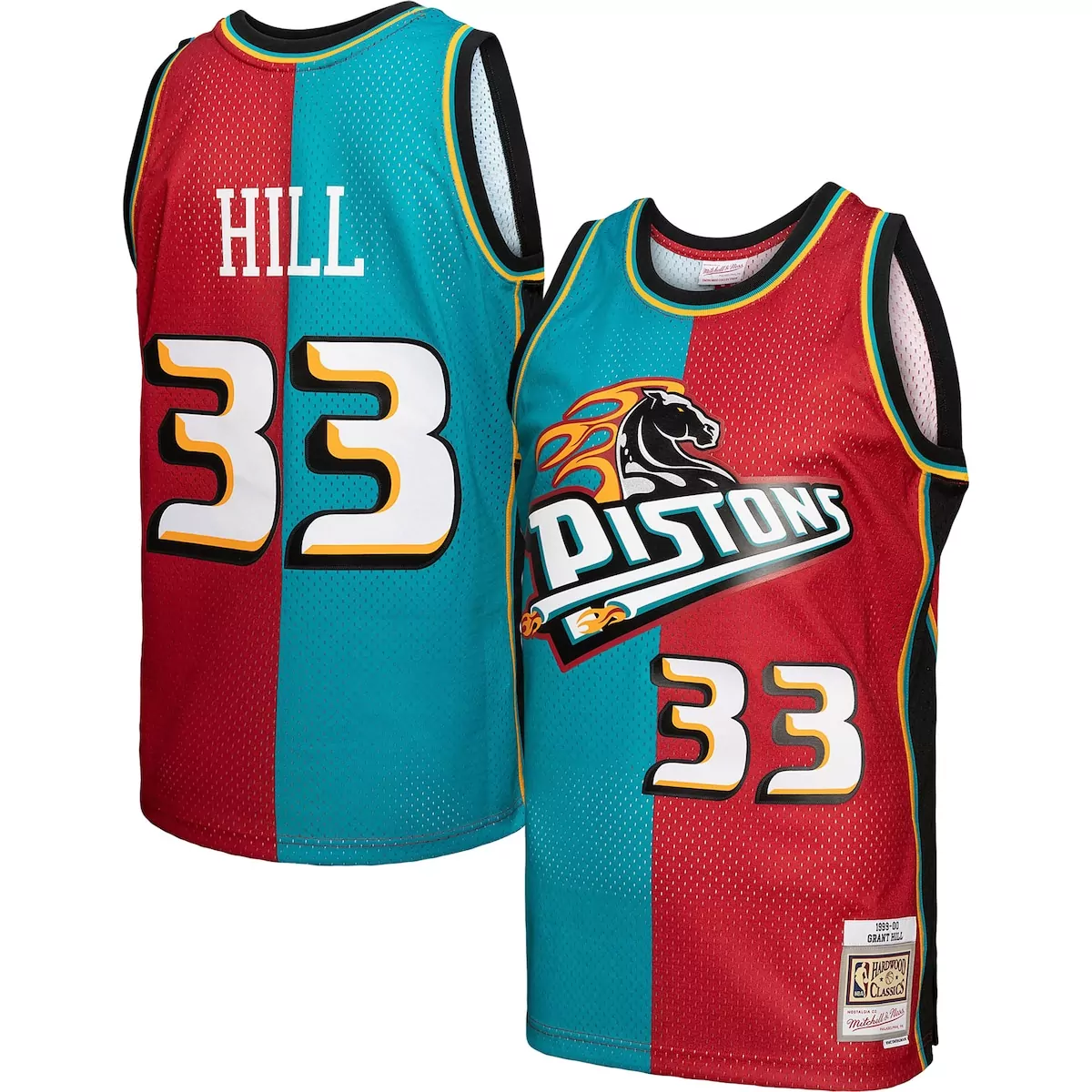 grant hill teal red detroit pistons hardwood classics 1999 00 split jersey