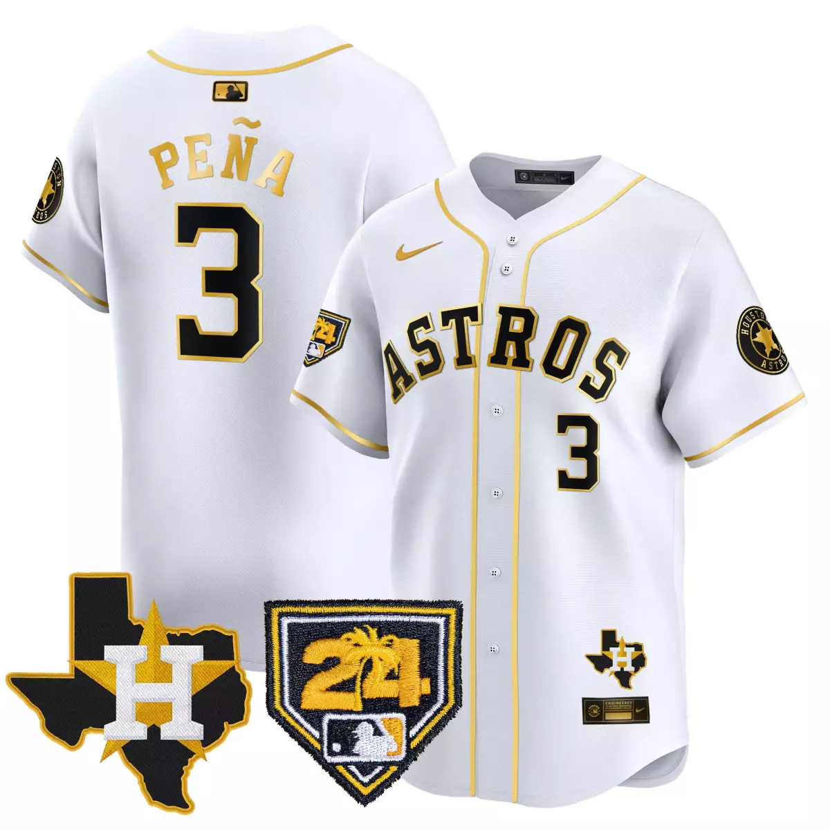 houston astros 3 pena white gold jersey 2024 spring training texas patch vapor premier limited all stitched