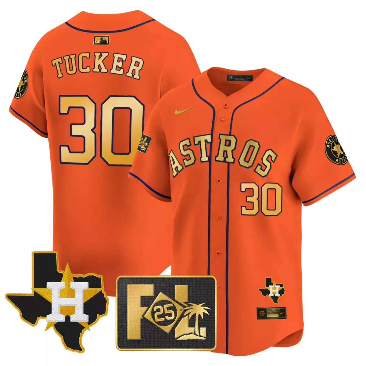 houston astros 30 tucker orange jersey 2025 spring training texas patch vapor premier limited all stitched