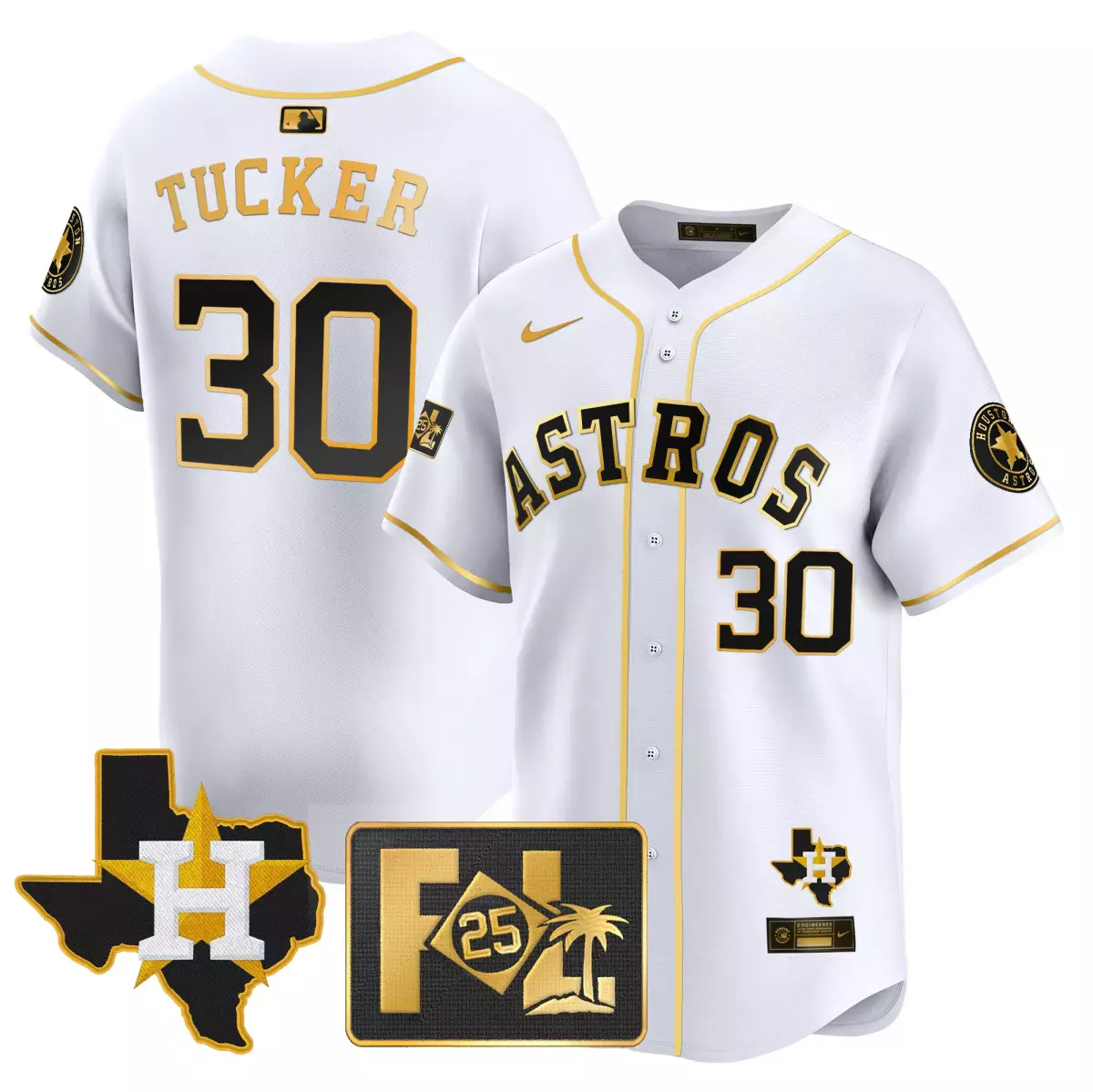 houston astros 30 tucker white gold jersey 2025 spring training texas patch vapor premier limited all stitched