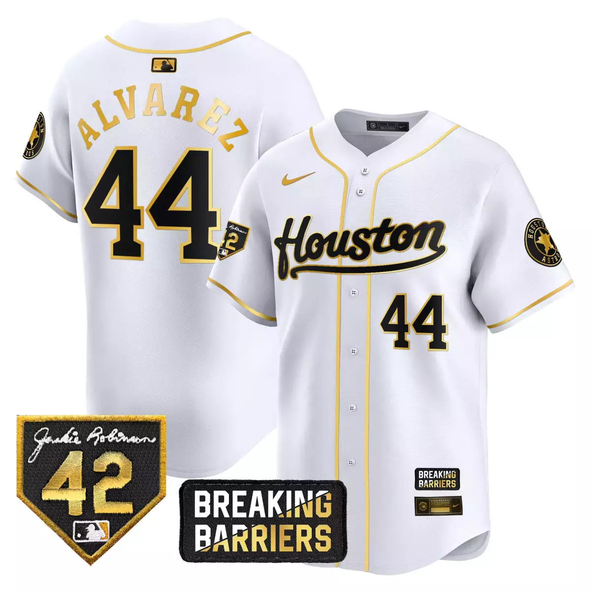 houston astros 44 alvarez white gold jersey jackie robinson breaking barriers patch vapor premier limited all stitched