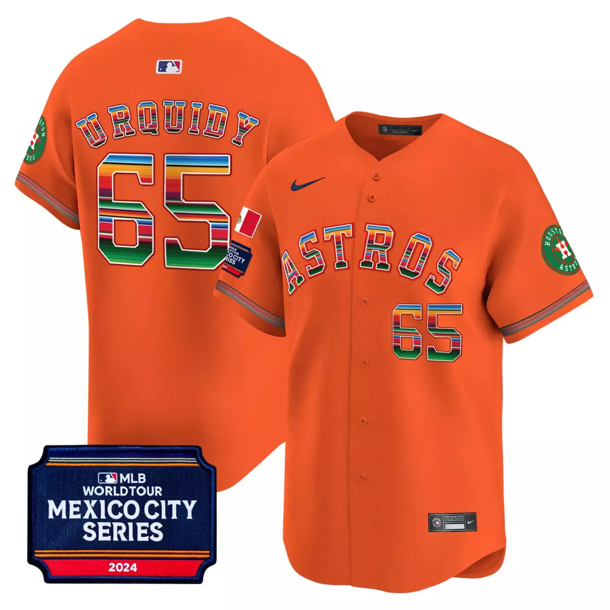 houston astros 65 urquidy orange jersey 2024 mexico city series patch vapor premier limited all stitched