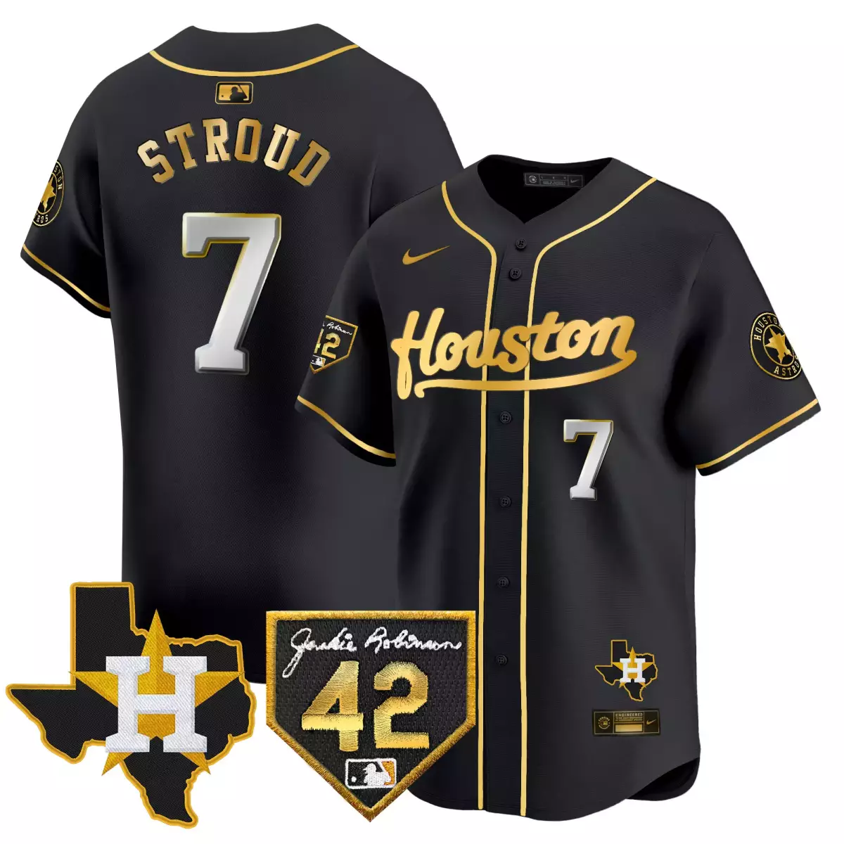 houston astros 7 stroud black gold jersey 2024 jackie robinson patch vapor premier limited all stitched z8z