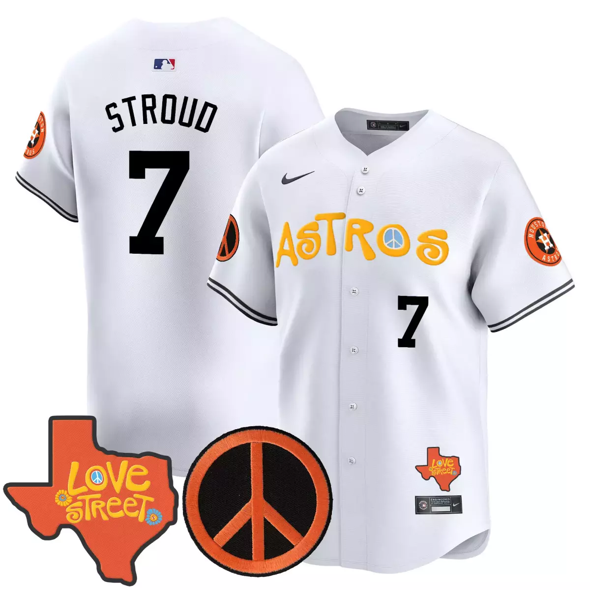 houston astros 7 stroud white jersey love street peace sign patch vapor premier limited all stitched