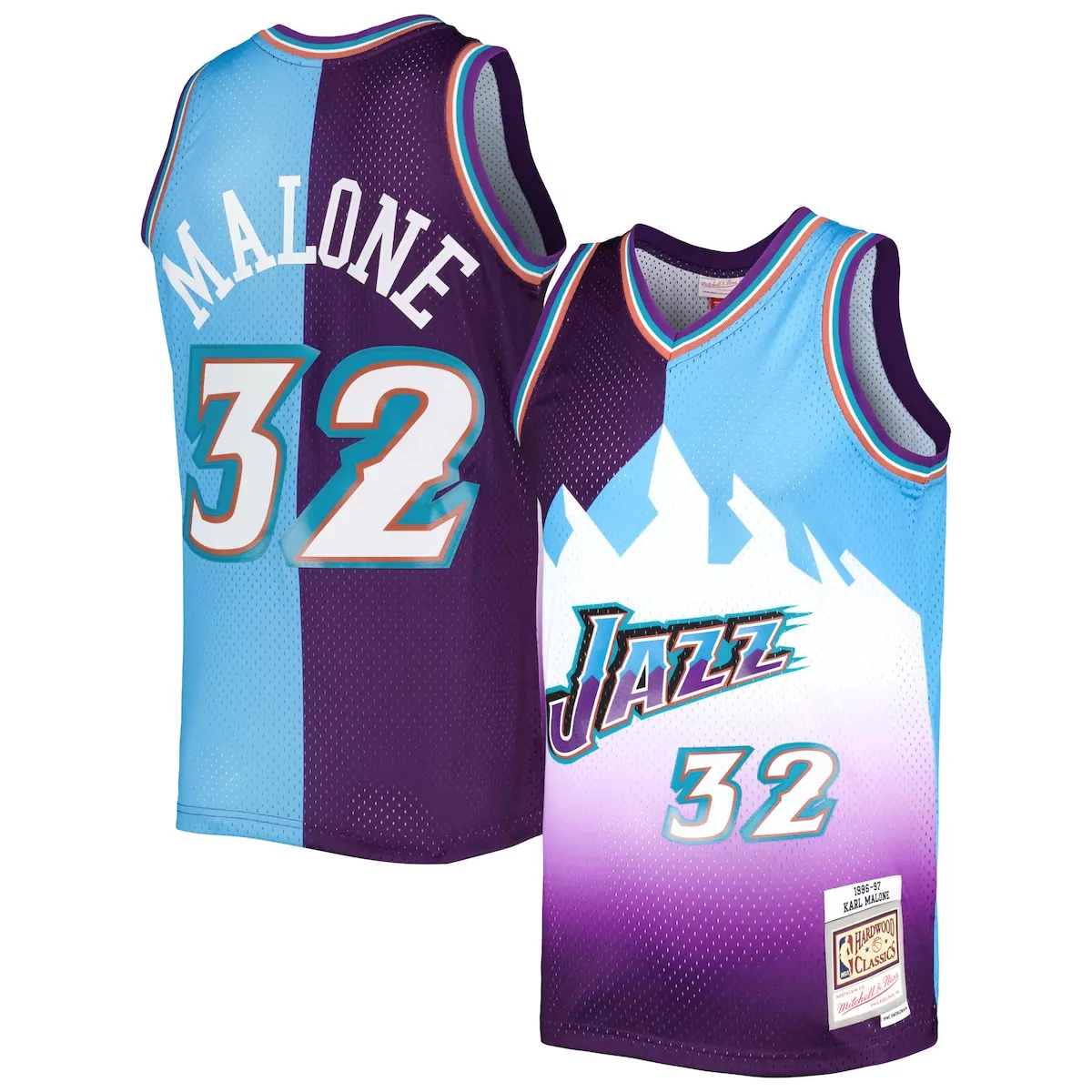 karl malone purple turquoise utah jazz hardwood classics 1996 97 split jersey