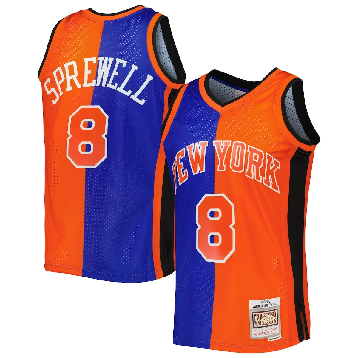 latrell sprewell blue orange new york knicks hardwood classics 1998 99 split jersey