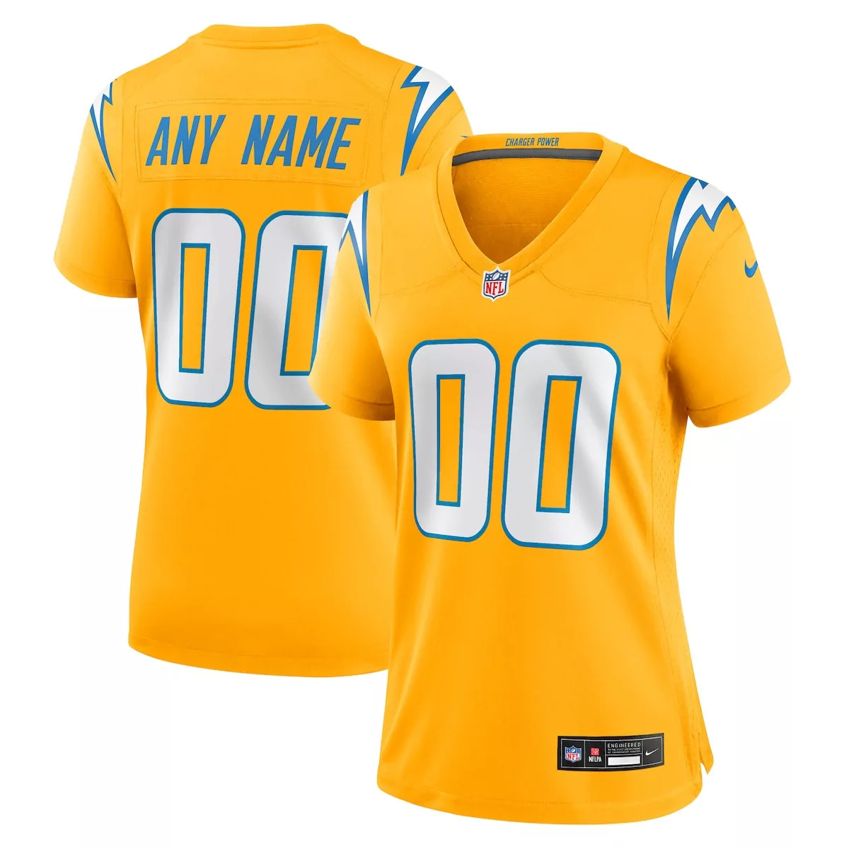 los angeles chargers gold alternate charger power game custom jersey djb