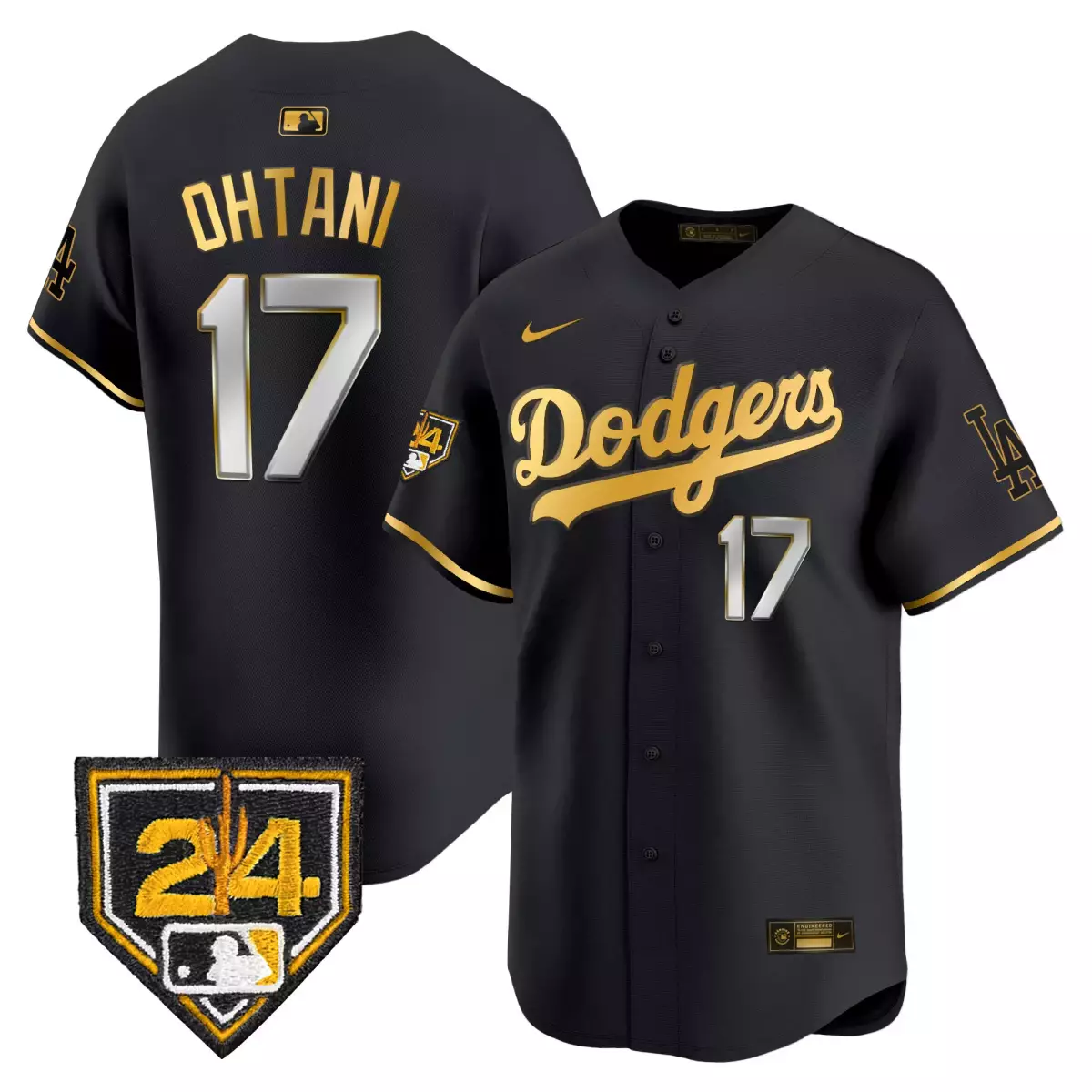 los angeles dodgers 17 shohei ohtani black gold jersey 2024 spring training patch vapor premier limited all stitched