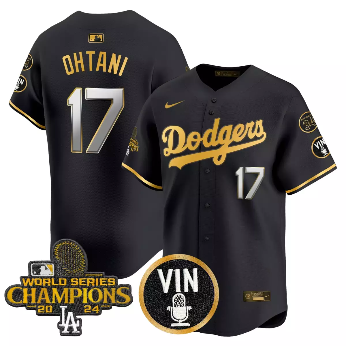 los angeles dodgers 17 shohei ohtani black gold jersey 2025 vin scully 34 fernando patch gold vapor premier limited all