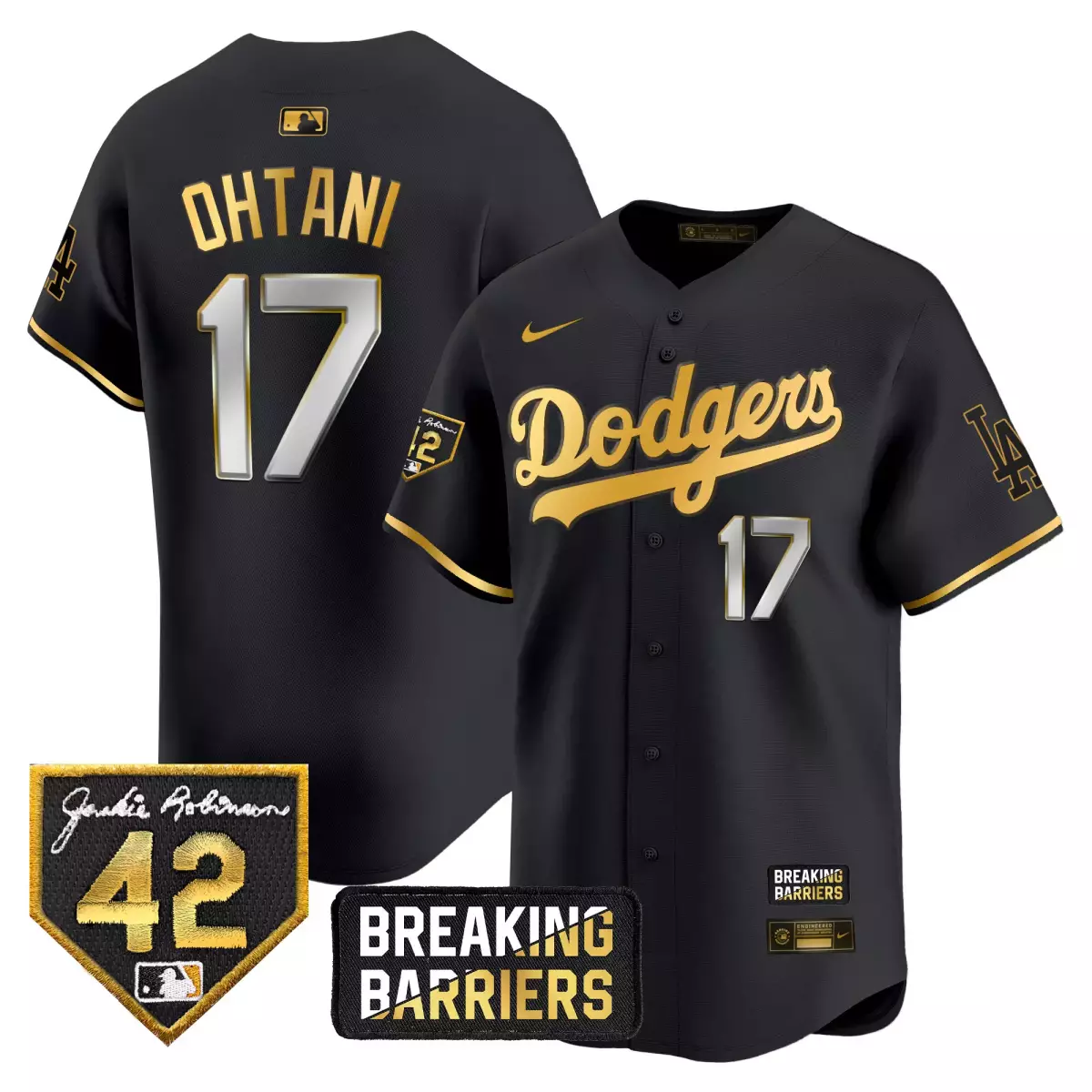 los angeles dodgers 17 shohei ohtani black gold jersey 2025 vin scully 34 fernando patch gold vapor premier limited all