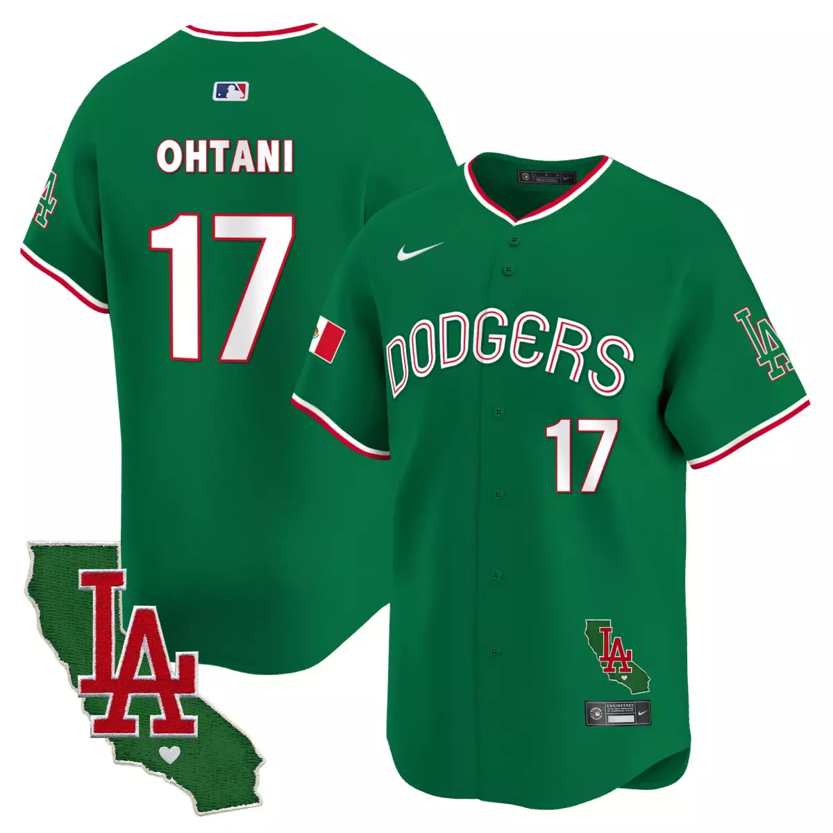 los angeles dodgers 17 shohei ohtani green jersey mexico california patch vapor premier limited v3 all stitched