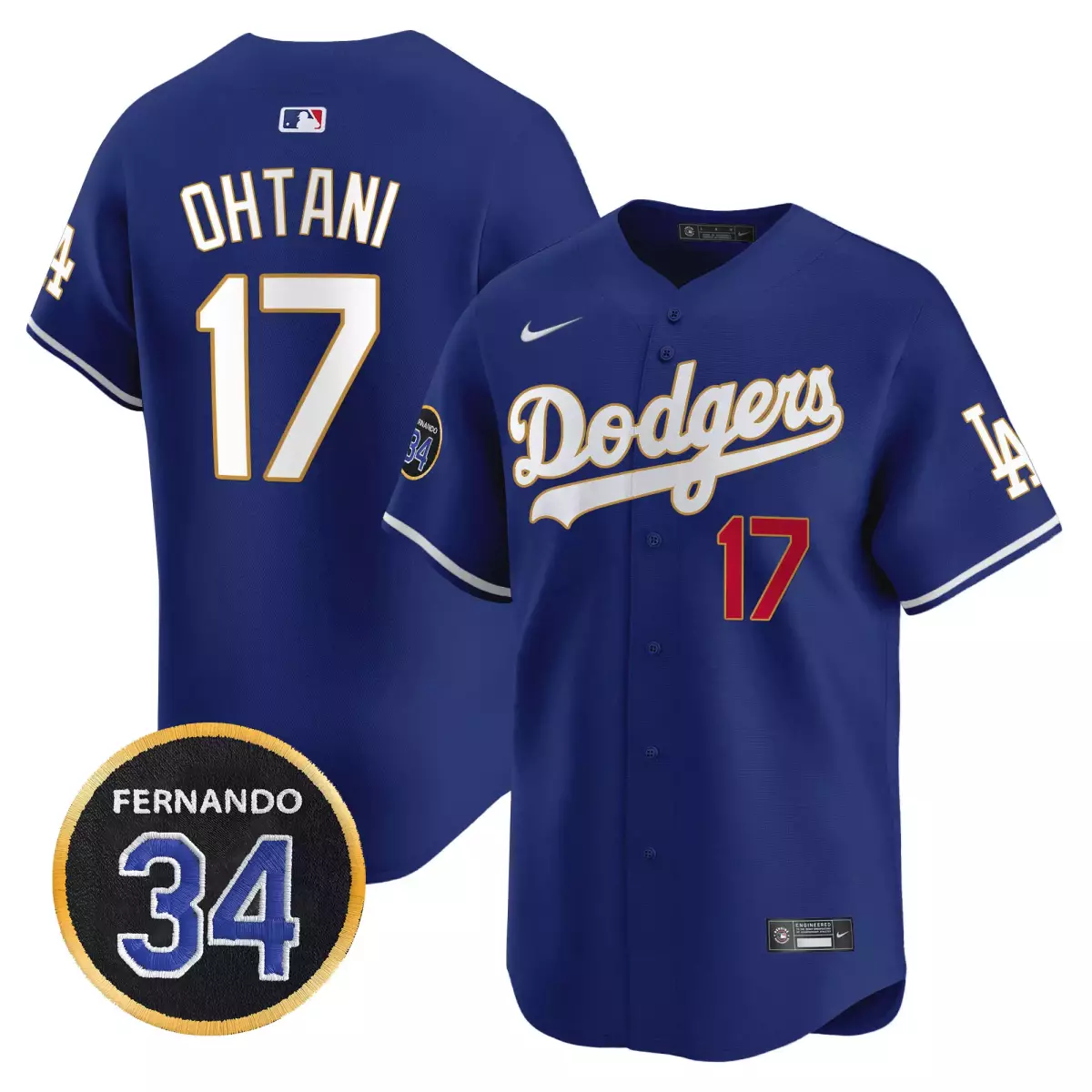 los angeles dodgers 17 shohei ohtani navy jersey 2025 vin scully 34 fernando patch gold vapor premier limited all stitch