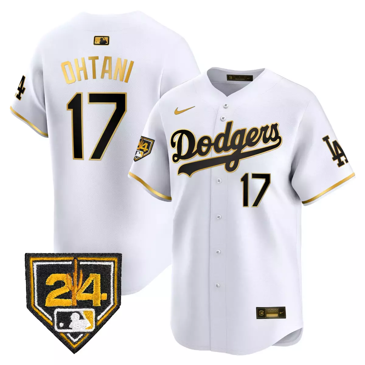 los angeles dodgers 17 shohei ohtani white gold jersey 2024 spring training patch vapor premier limited all stitched