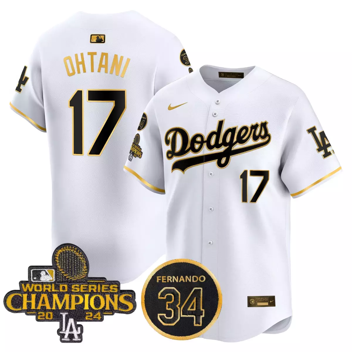 los angeles dodgers 17 shohei ohtani white gold jersey 2024 spring training patch vapor premier limited all stitched