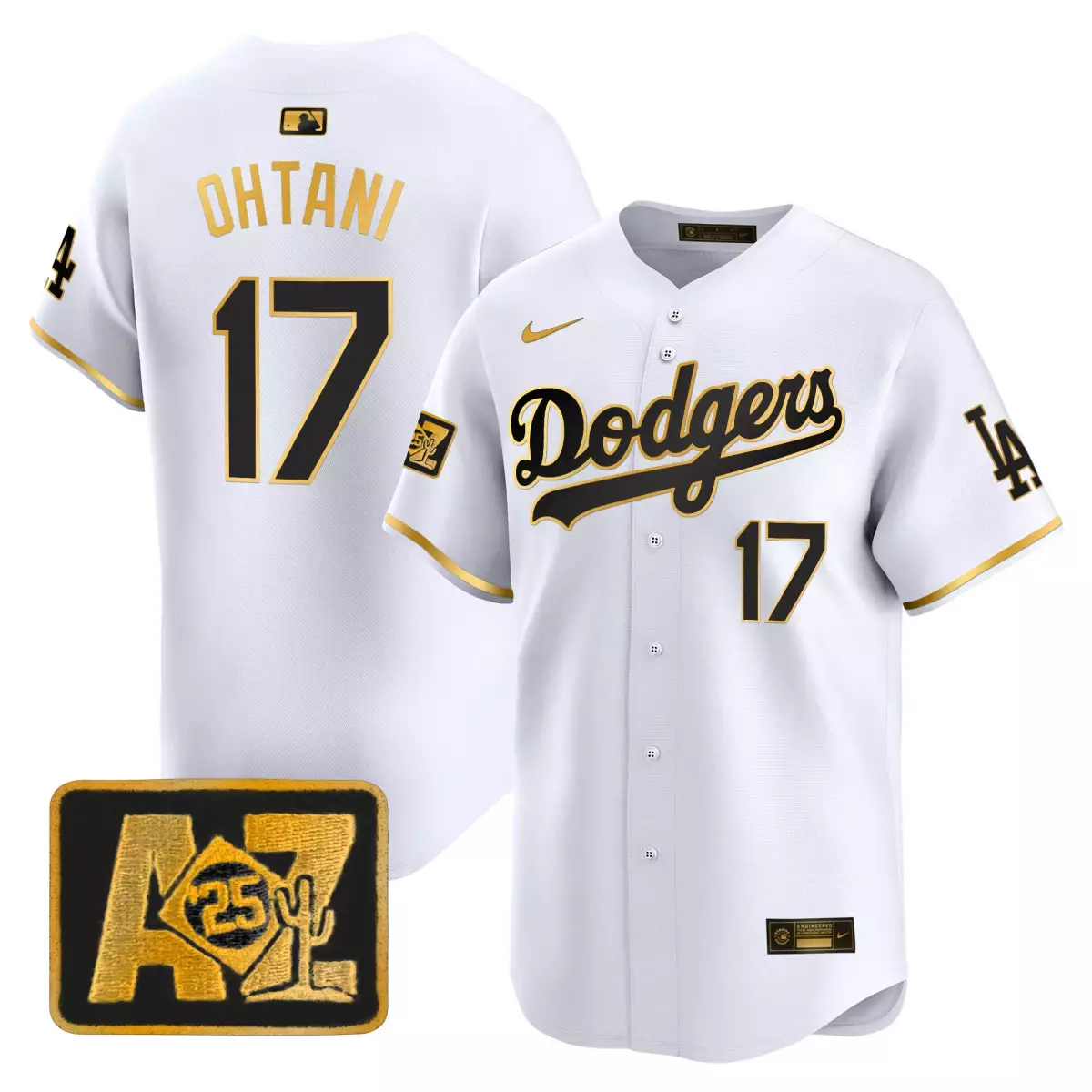 los angeles dodgers 17 shohei ohtani white gold jersey 2024 spring training patch vapor premier limited all stitched