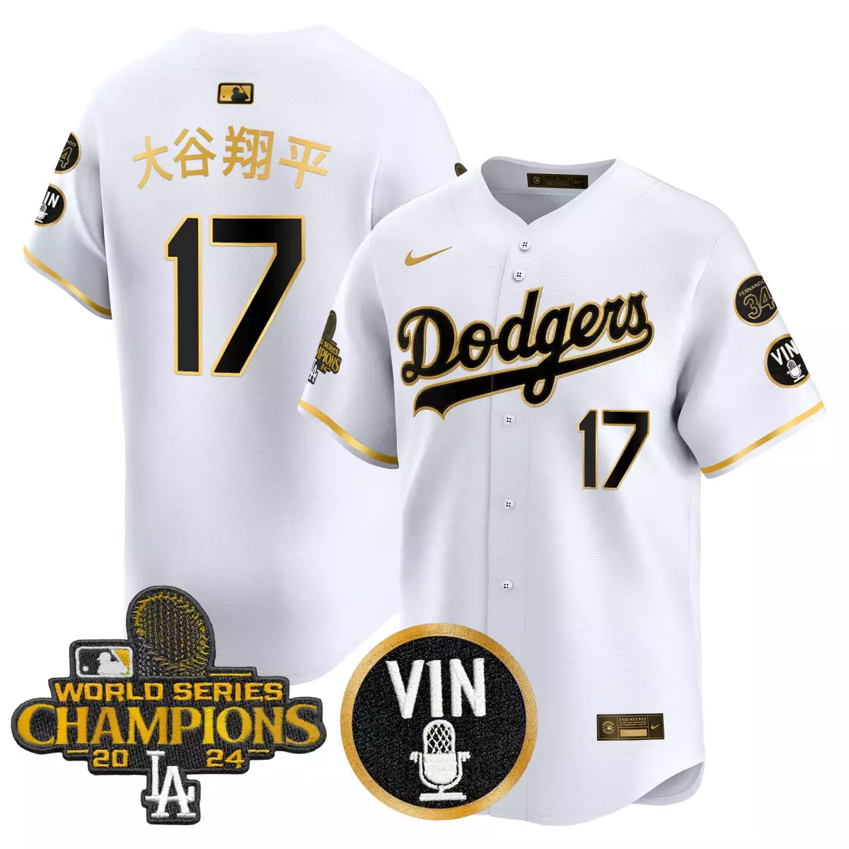los angeles dodgers 17 shohei ohtani white gold jersey 2025 vin scully 34 fernando patch gold vapor premier limited all