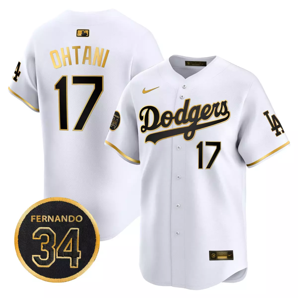 los angeles dodgers 17 shohei ohtani white gold jersey 2025 vin scully 34 fernando patch gold vapor premier limited all