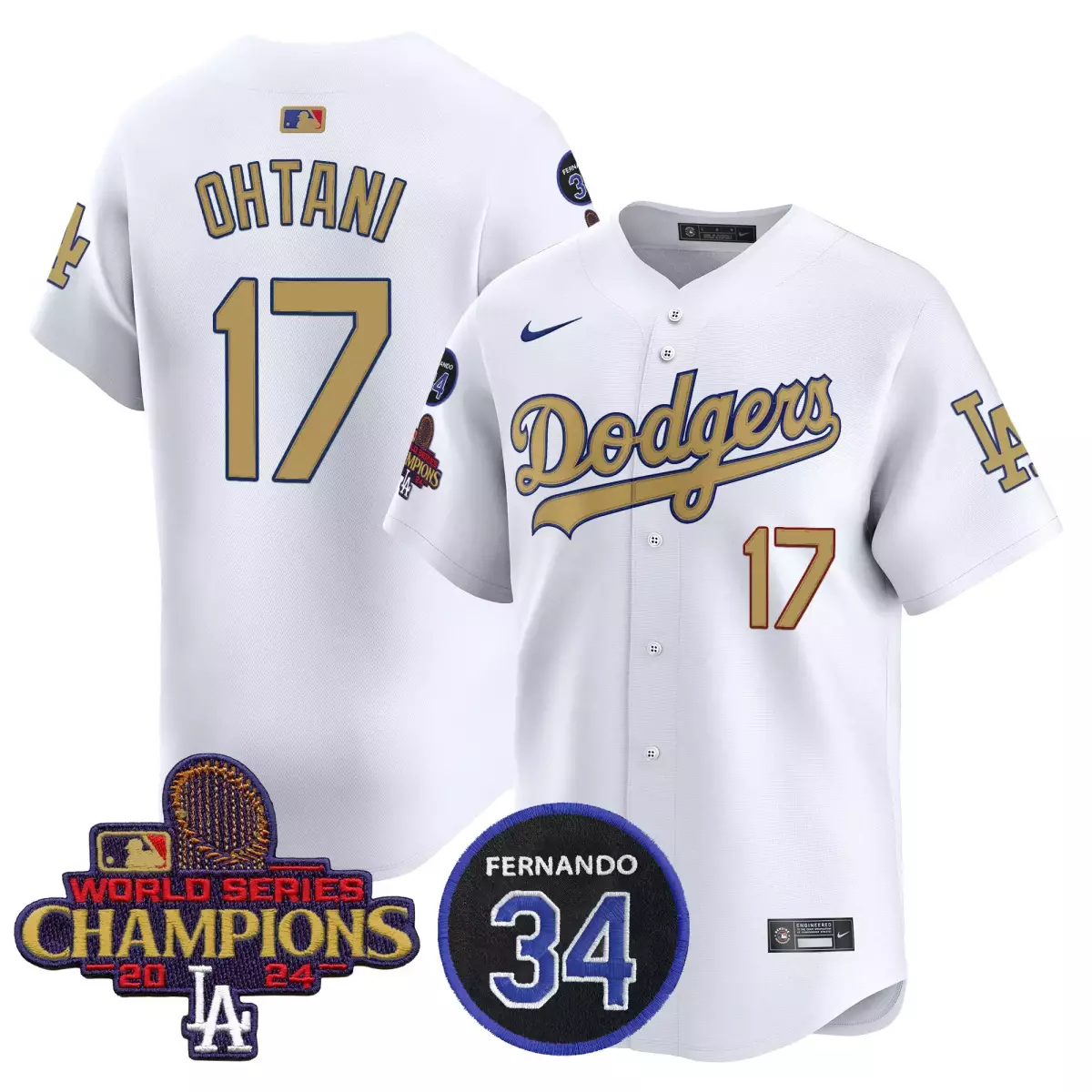 los angeles dodgers 17 shohei ohtani white jersey 2025 34 fernando patch gold vapor premier limited all stitched 9z