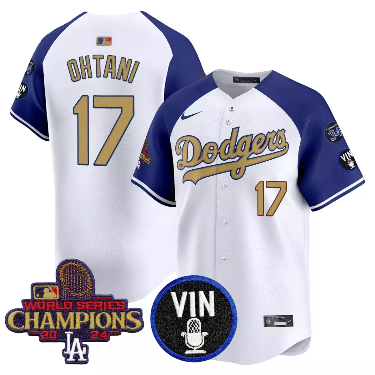 los angeles dodgers 17 shohei ohtani white jersey 2025 vin scully 34 fernando patch gold vapor premier limited all stitc 1