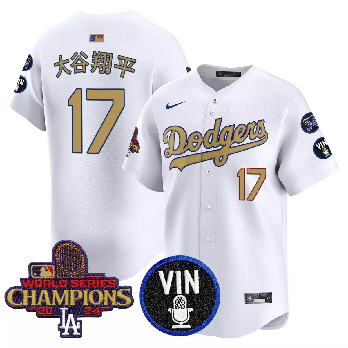 los angeles dodgers 17 shohei ohtani white jersey 2025 vin scully 34 fernando patch gold vapor premier limited all stitc 1