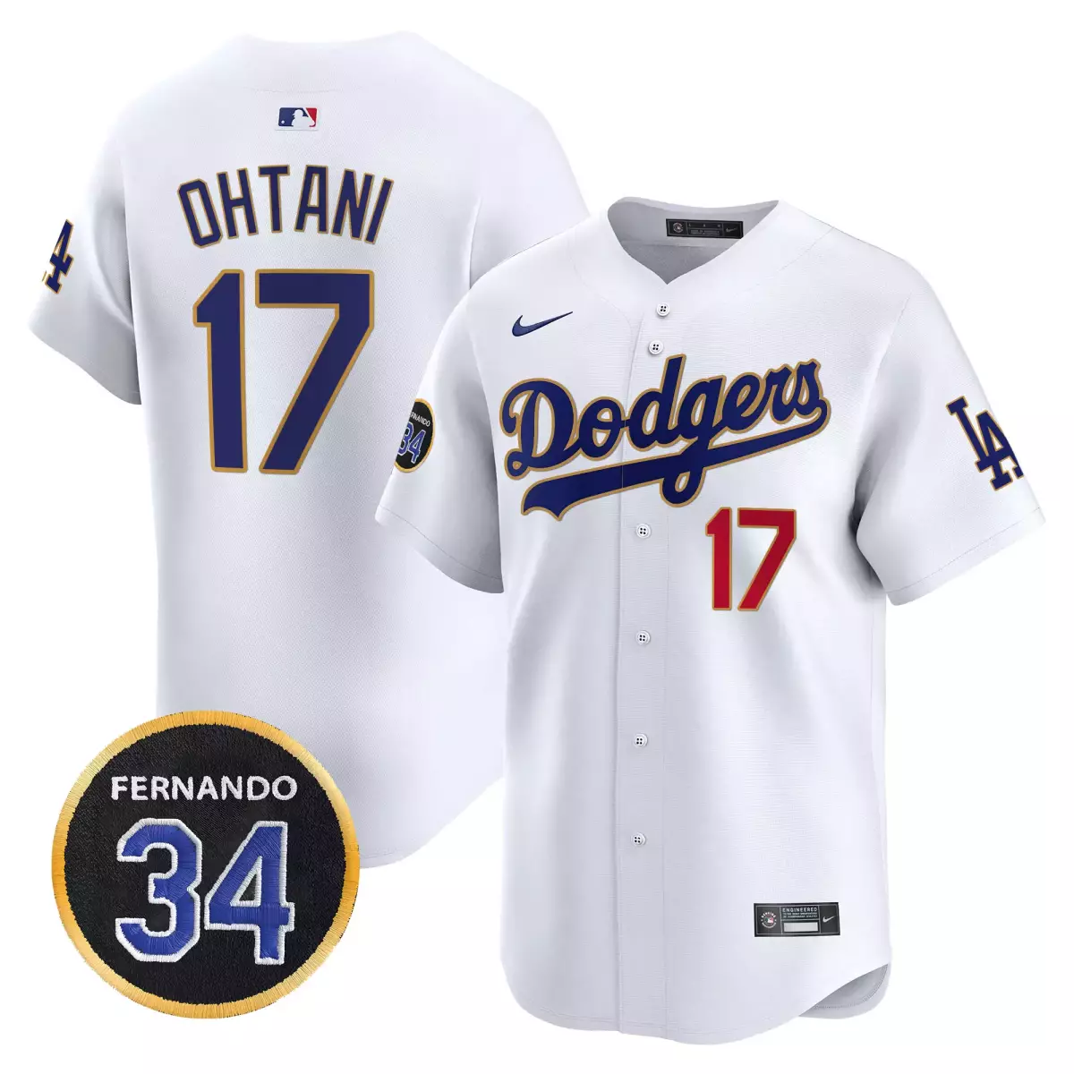los angeles dodgers 17 shohei ohtani white jersey 2025 vin scully 34 fernando patch gold vapor premier limited all stitc 1