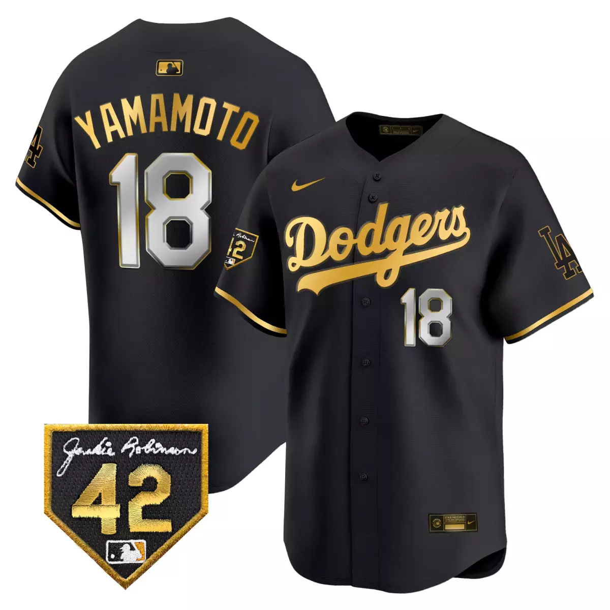 los angeles dodgers 18 yamamoto black gold jersey 2024 jackie robinson patch vapor premier limited all stitched