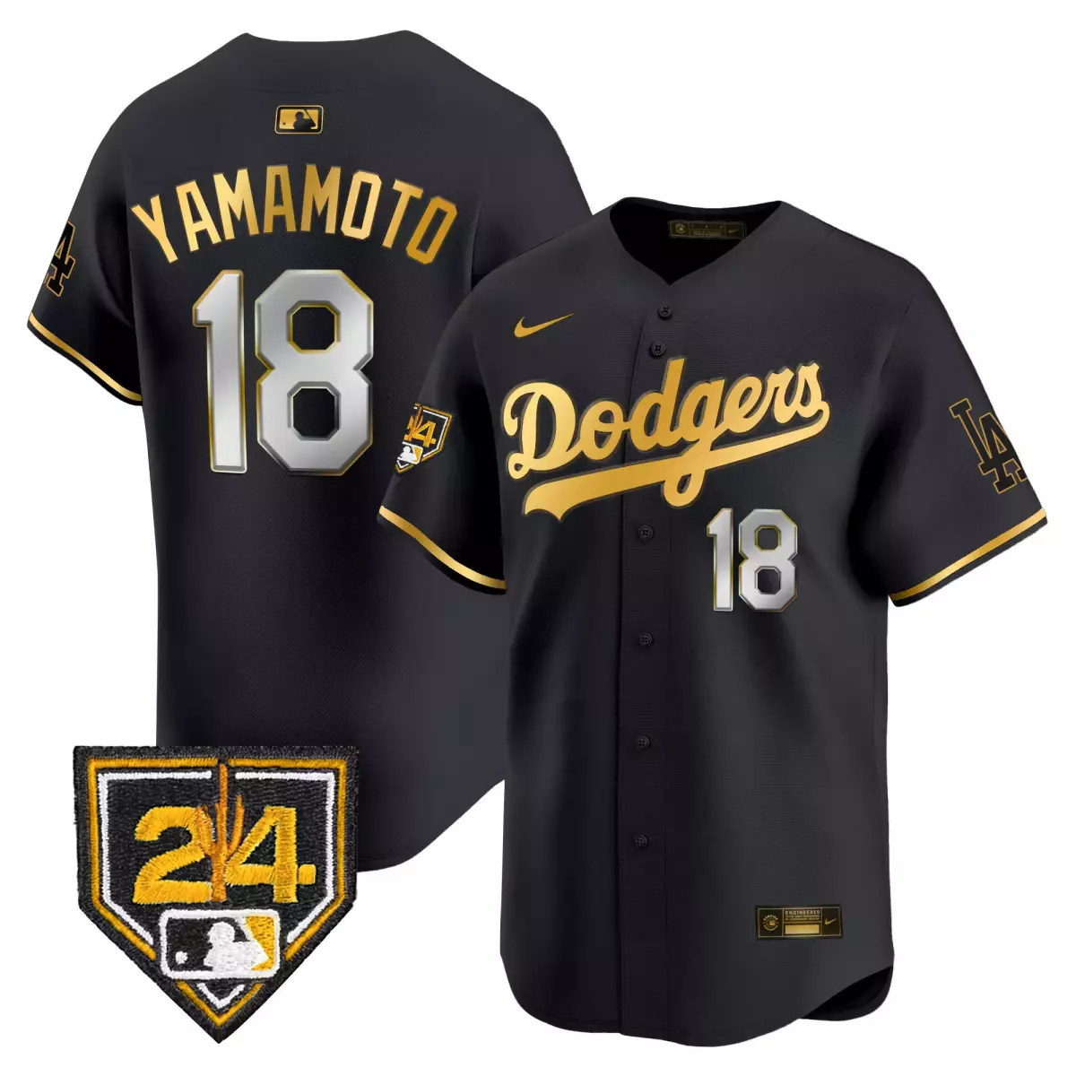 los angeles dodgers 18 yamamoto black gold jersey 2024 jackie robinson patch vapor premier limited all stitched