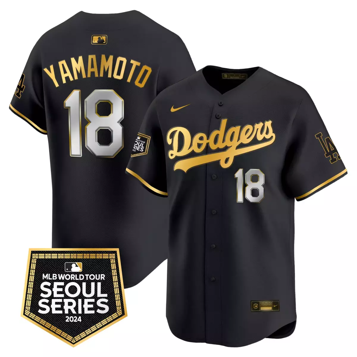 los angeles dodgers 18 yamamoto black gold jersey 2024 jackie robinson patch vapor premier limited all stitched