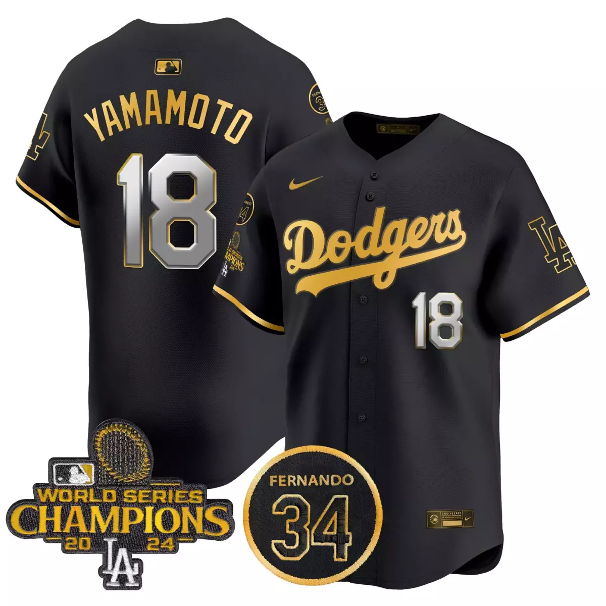 Yamamoto Dodgers 2025 Black Gold Jersey | Vin Scully 34 Patch | Limited Edition Vapor Premier Fan Gear | For Men, Women & Youth