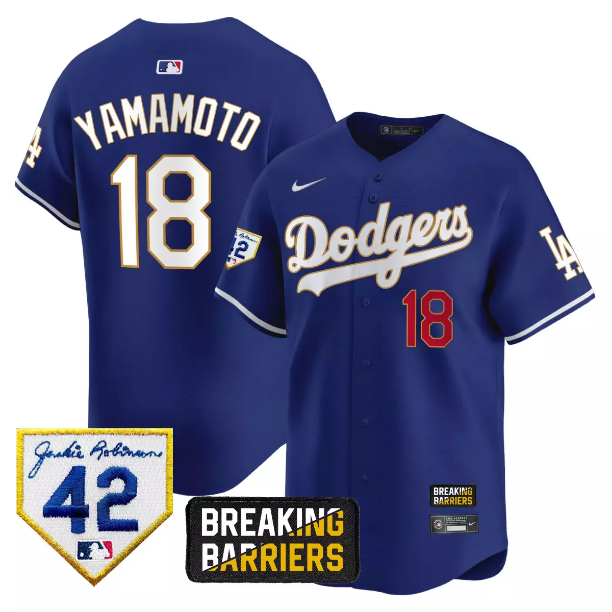 los angeles dodgers 18 yamamoto navy jersey jackie robinson breaking barriers patch vapor premier limited all stitched