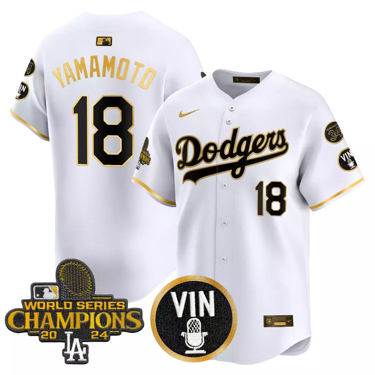 los angeles dodgers 18 yamamoto white gold jersey 2025 vin scully 34 fernando patch gold vapor premier limited all stitc 1