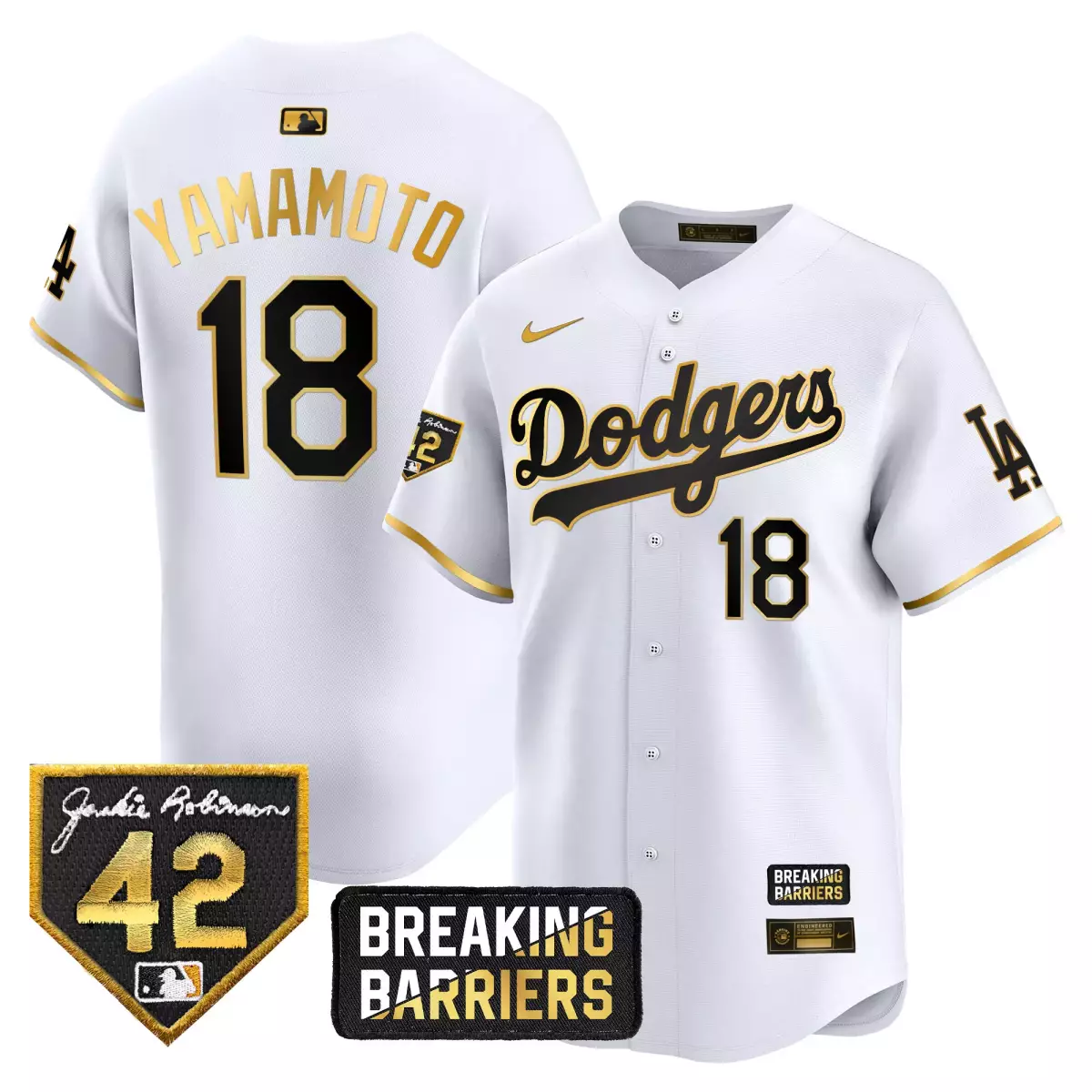 los angeles dodgers 18 yamamoto navy jersey jackie robinson breaking barriers patch vapor premier limited all stitched
